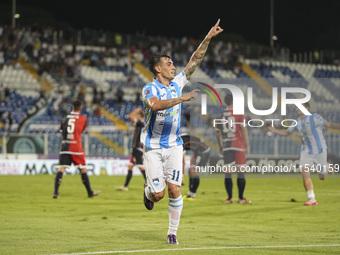 Gianmarco Cangiano of Delfino Pescara 1936 celebrates the second goal during the Serie C NOW match between Delfino Pescara 1936 and Torres a...