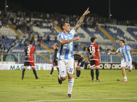 Gianmarco Cangiano of Delfino Pescara 1936 celebrates the second goal during the Serie C NOW match between Delfino Pescara 1936 and Torres a...