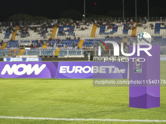 The official ball of the Serie C is shown prior to the Serie C NOW match between Delfino Pescara 1936 and Torres at Stadio Adriatico ''Giova...