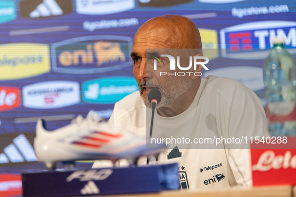 Luciano Spalletti, Italian football federation head coach, attends the press conference in Coverciano, Florence, on September 2, 2024 ahead...