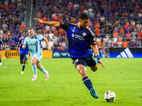 Cincinnati attacker Kevin Kelsy takes a shot on goal during the Major League Soccer match between FC Cincinnati and CF Montreal at TQL Stadi...