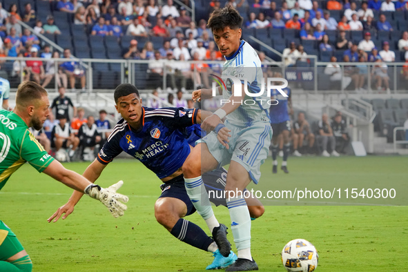 Cincinnati attacker Kevin Kelsy attempts to score a goal during the Major League Soccer match between FC Cincinnati and CF Montreal at TQL S...