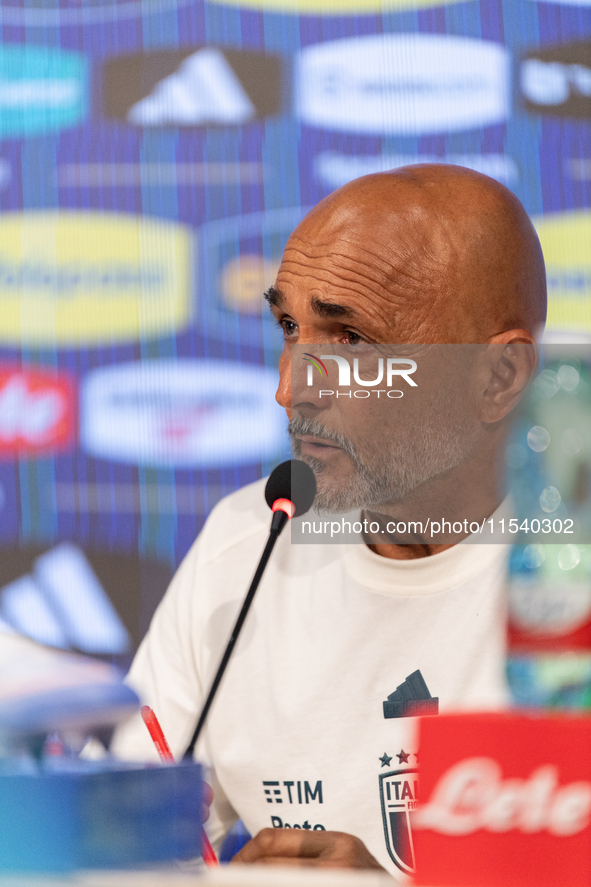 Luciano Spalletti, Italian football federation head coach, attends the press conference in Coverciano, Florence, on September 2, 2024 ahead...