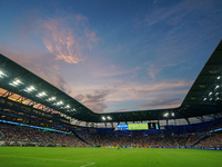 An orange and blue sky is seen at sunset during the Major League Soccer match between FC Cincinnati and CF Montreal at TQL Stadium in Cincin...