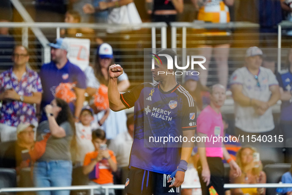 Cincinnati attacker Kevin Kelsy celebrates a goal during the Major League Soccer match between FC Cincinnati and CF Montreal at TQL Stadium...