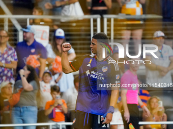 Cincinnati attacker Kevin Kelsy celebrates a goal during the Major League Soccer match between FC Cincinnati and CF Montreal at TQL Stadium...