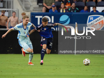 Cincinnati midfielder Luca Orellano moves the ball upfield during the Major League Soccer match between FC Cincinnati and CF Montreal at TQL...