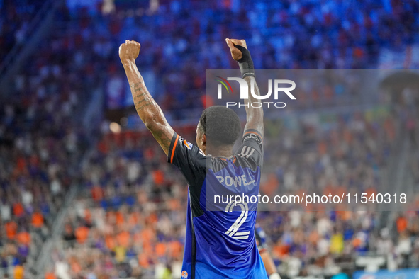 Cincinnati defender Alvas Powell celebrates a Cincinnati goal during the Major League Soccer match between FC Cincinnati and CF Montreal at...