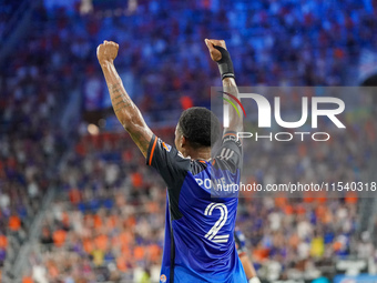 Cincinnati defender Alvas Powell celebrates a Cincinnati goal during the Major League Soccer match between FC Cincinnati and CF Montreal at...