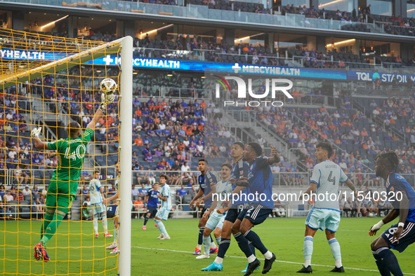 Montreal goalie Jonathan Sirols blocks a shot during the Major League Soccer match between FC Cincinnati and CF Montreal at TQL Stadium in C...