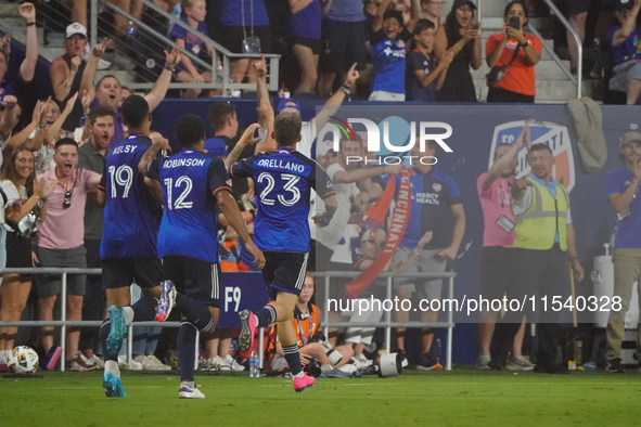 Cincinnati midfielder Luca Orellano celebrates scoring a goal during the Major League Soccer match between FC Cincinnati and CF Montreal at...