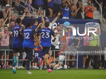 Cincinnati midfielder Luca Orellano celebrates scoring a goal during the Major League Soccer match between FC Cincinnati and CF Montreal at...