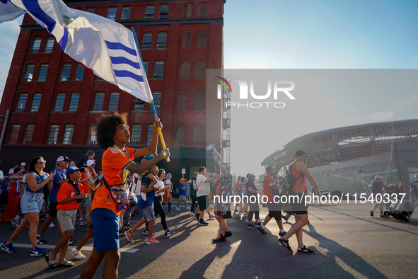 FC Cincinnati supporters are seen prior to the start of the Major League Soccer match between FC Cincinnati and CF Montreal at TQL Stadium i...