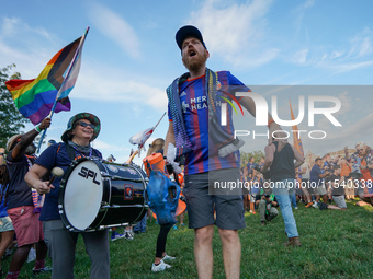 FC Cincinnati supporters are seen prior to the start of the Major League Soccer match between FC Cincinnati and CF Montreal at TQL Stadium i...