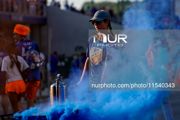 FC Cincinnati supporters are seen prior to the start of the Major League Soccer match between FC Cincinnati and CF Montreal at TQL Stadium i...