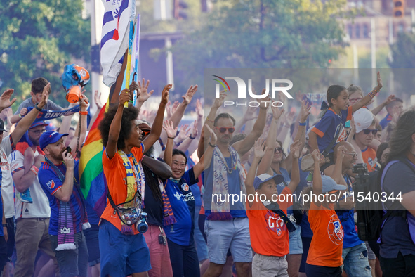 FC Cincinnati supporters are seen prior to the start of the Major League Soccer match between FC Cincinnati and CF Montreal at TQL Stadium i...