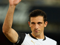 Cesar Tarrega of Valencia CF waves his hand prior to the LaLiga EA Sports match between Valencia CF and Villarreal CF at Mestalla stadium in...