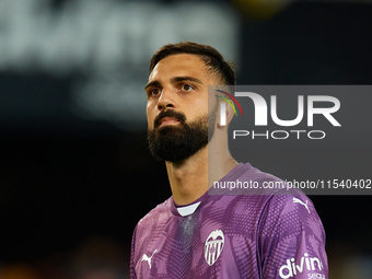 Giorgi Mamardashvili of Valencia CF looks on prior to the LaLiga EA Sports match between Valencia CF and Villarreal CF at Mestalla stadium i...