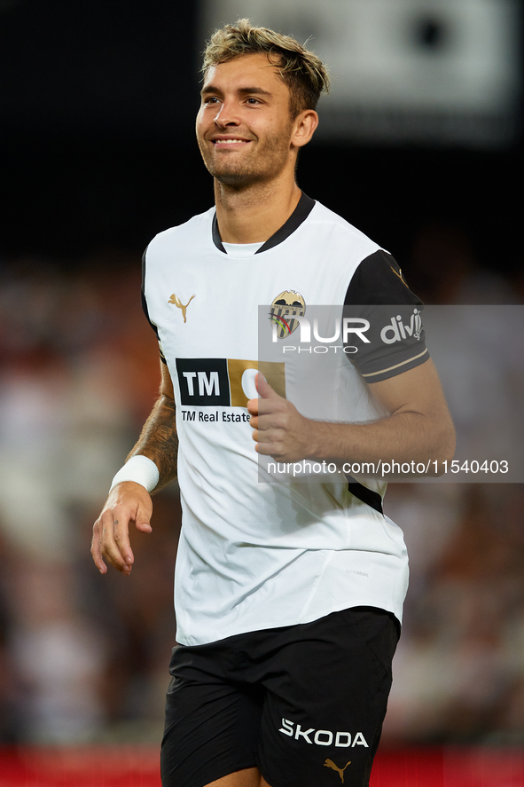 Hugo Duro of Valencia CF reacts during the LaLiga EA Sports match between Valencia CF and Villarreal CF at Mestalla stadium in Valencia, Spa...