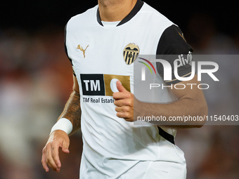 Hugo Duro of Valencia CF reacts during the LaLiga EA Sports match between Valencia CF and Villarreal CF at Mestalla stadium in Valencia, Spa...