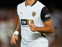 Hugo Duro of Valencia CF reacts during the LaLiga EA Sports match between Valencia CF and Villarreal CF at Mestalla stadium in Valencia, Spa...