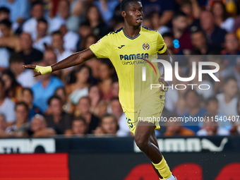 Thierno Barry of Villarreal CF reacts during the LaLiga EA Sports match between Valencia CF and Villarreal CF at Mestalla stadium in Valenci...