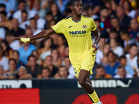 Thierno Barry of Villarreal CF reacts during the LaLiga EA Sports match between Valencia CF and Villarreal CF at Mestalla stadium in Valenci...