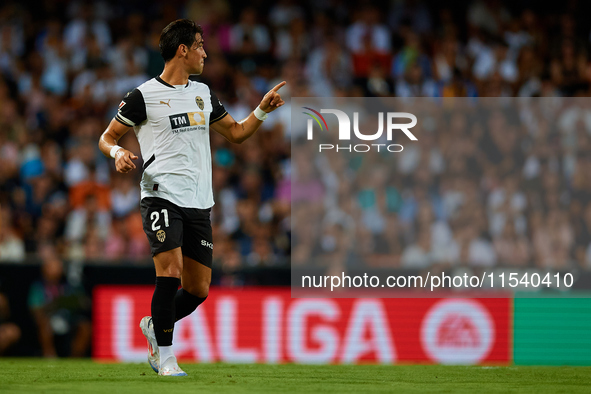 Jesus Vazquez of Valencia CF reacts during the LaLiga EA Sports match between Valencia CF and Villarreal CF at Mestalla stadium in Valencia,...