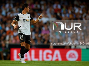 Jesus Vazquez of Valencia CF reacts during the LaLiga EA Sports match between Valencia CF and Villarreal CF at Mestalla stadium in Valencia,...