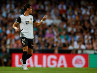 Jesus Vazquez of Valencia CF reacts during the LaLiga EA Sports match between Valencia CF and Villarreal CF at Mestalla stadium in Valencia,...