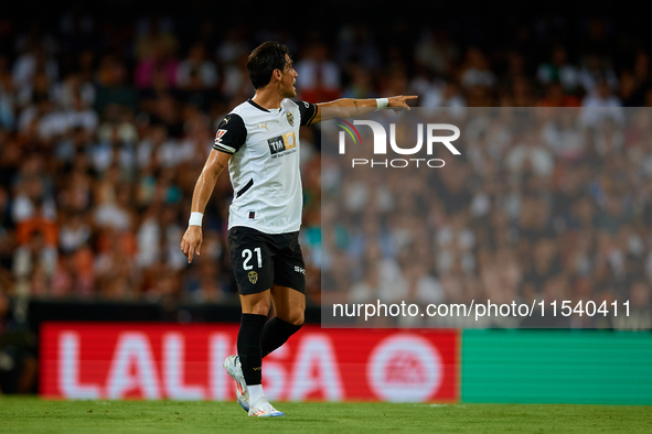 Jesus Vazquez of Valencia CF reacts during the LaLiga EA Sports match between Valencia CF and Villarreal CF at Mestalla stadium in Valencia,...