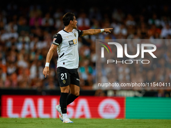 Jesus Vazquez of Valencia CF reacts during the LaLiga EA Sports match between Valencia CF and Villarreal CF at Mestalla stadium in Valencia,...