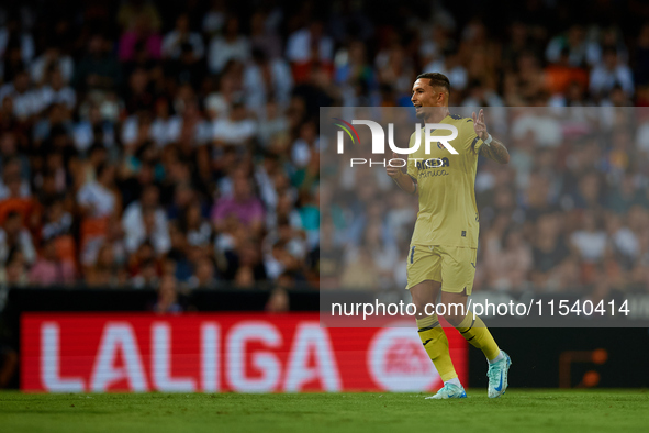 Yeremy Pino of Villarreal CF reacts during the LaLiga EA Sports match between Valencia CF and Villarreal CF at Mestalla stadium in Valencia,...