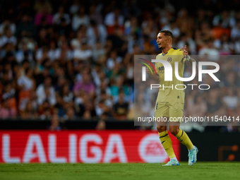 Yeremy Pino of Villarreal CF reacts during the LaLiga EA Sports match between Valencia CF and Villarreal CF at Mestalla stadium in Valencia,...