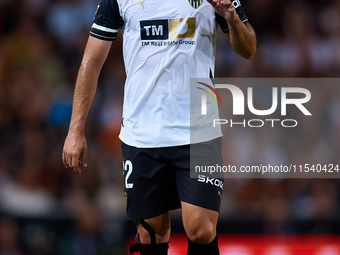 Luis Rioja of Valencia CF reacts during the LaLiga EA Sports match between Valencia CF and Villarreal CF at Mestalla stadium in Valencia, Sp...