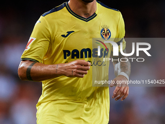 Yeremy Pino of Villarreal CF looks on during the LaLiga EA Sports match between Valencia CF and Villarreal CF at Mestalla stadium in Valenci...