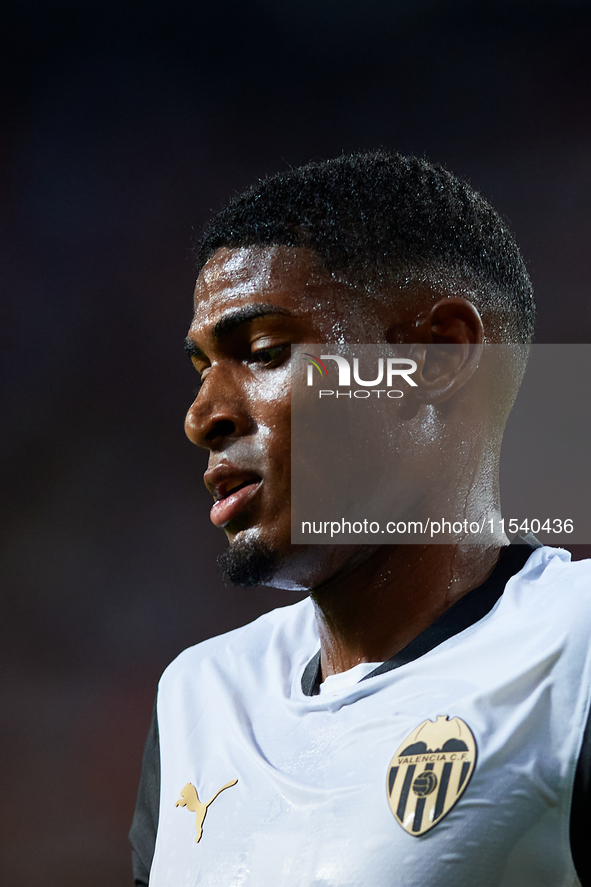 Cristhian Mosquera of Valencia CF looks on during the LaLiga EA Sports match between Valencia CF and Villarreal CF at Mestalla stadium in Va...