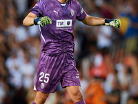 Giorgi Mamardashvili of Valencia CF reacts during the LaLiga EA Sports match between Valencia CF and Villarreal CF at Mestalla stadium in Va...