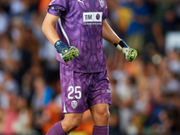 Giorgi Mamardashvili of Valencia CF reacts during the LaLiga EA Sports match between Valencia CF and Villarreal CF at Mestalla stadium in Va...