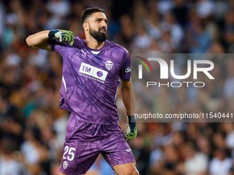 Giorgi Mamardashvili of Valencia CF reacts during the LaLiga EA Sports match between Valencia CF and Villarreal CF at Mestalla stadium in Va...