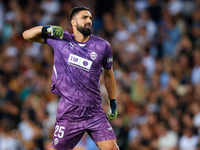 Giorgi Mamardashvili of Valencia CF reacts during the LaLiga EA Sports match between Valencia CF and Villarreal CF at Mestalla stadium in Va...