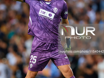 Giorgi Mamardashvili of Valencia CF reacts during the LaLiga EA Sports match between Valencia CF and Villarreal CF at Mestalla stadium in Va...