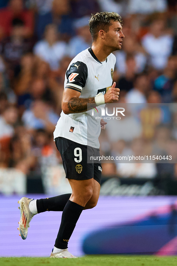 Hugo Duro of Valencia CF reacts during the LaLiga EA Sports match between Valencia CF and Villarreal CF at Mestalla stadium in Valencia, Spa...