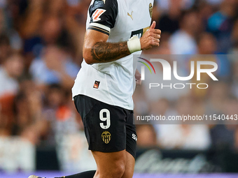 Hugo Duro of Valencia CF reacts during the LaLiga EA Sports match between Valencia CF and Villarreal CF at Mestalla stadium in Valencia, Spa...