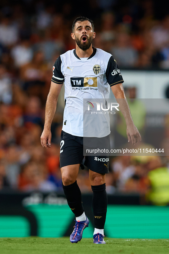 Luis Rioja of Valencia CF reacts during the LaLiga EA Sports match between Valencia CF and Villarreal CF at Mestalla stadium in Valencia, Sp...