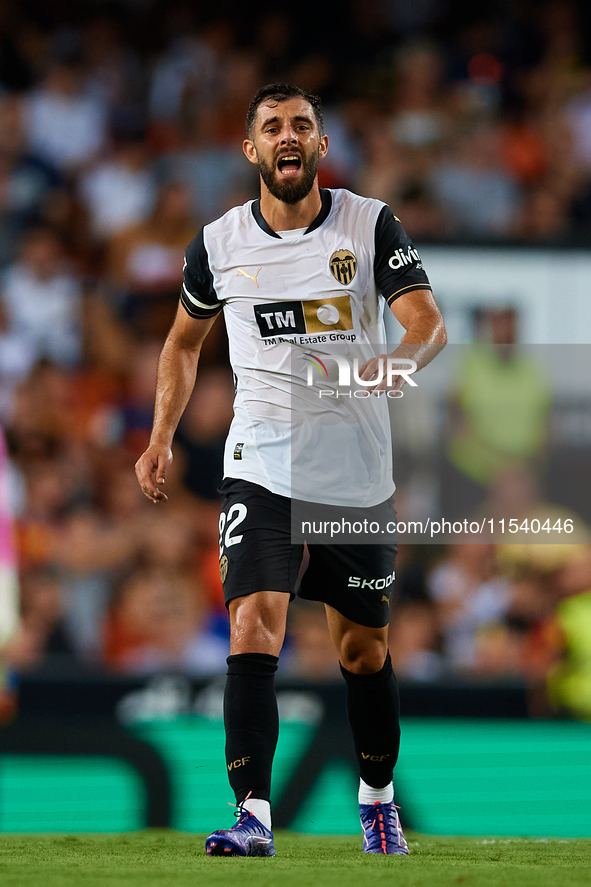 Luis Rioja of Valencia CF reacts during the LaLiga EA Sports match between Valencia CF and Villarreal CF at Mestalla stadium in Valencia, Sp...