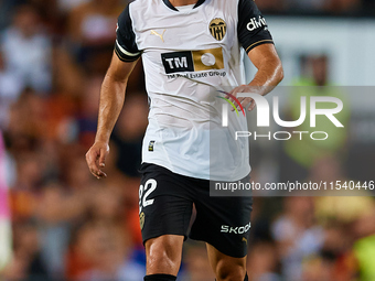 Luis Rioja of Valencia CF reacts during the LaLiga EA Sports match between Valencia CF and Villarreal CF at Mestalla stadium in Valencia, Sp...