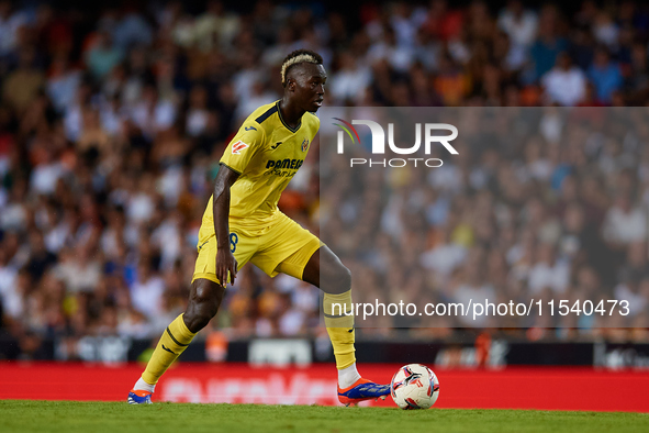 Gueye of Villarreal CF is in action during the LaLiga EA Sports match between Valencia CF and Villarreal CF at Mestalla stadium in Valencia,...