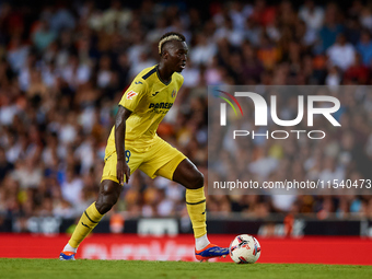 Gueye of Villarreal CF is in action during the LaLiga EA Sports match between Valencia CF and Villarreal CF at Mestalla stadium in Valencia,...