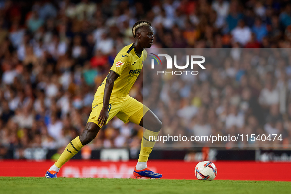 Gueye of Villarreal CF is in action during the LaLiga EA Sports match between Valencia CF and Villarreal CF at Mestalla stadium in Valencia,...